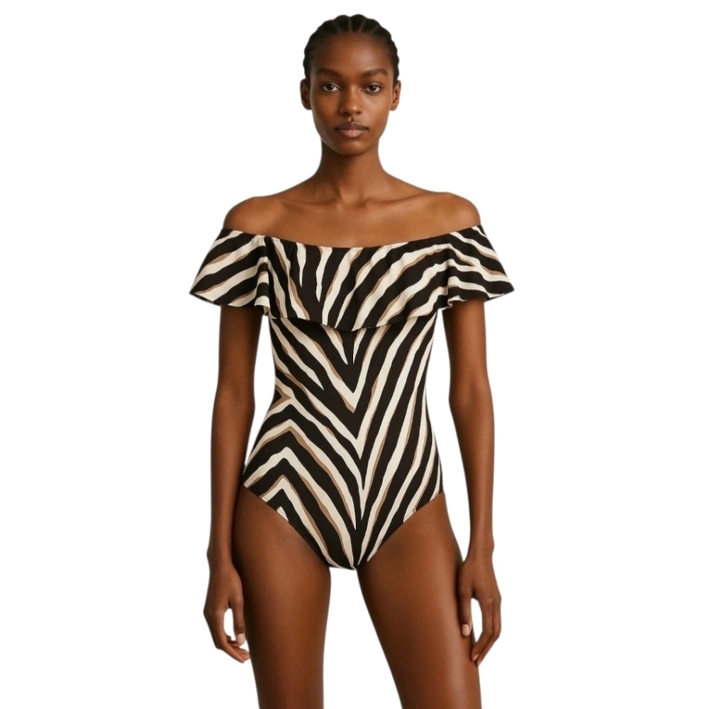 Trina Turk Vivant One Piece Off Shoulder Ruffle Size 4 Zebra Print